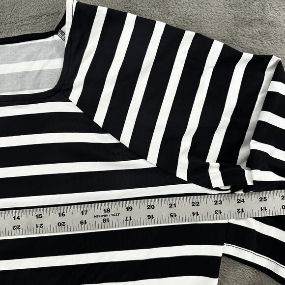 Talbots Blouse 2X 2XL Petite Square Neck Black White Stripe Silky 3/4 Sleeves - Picture 3 of 5